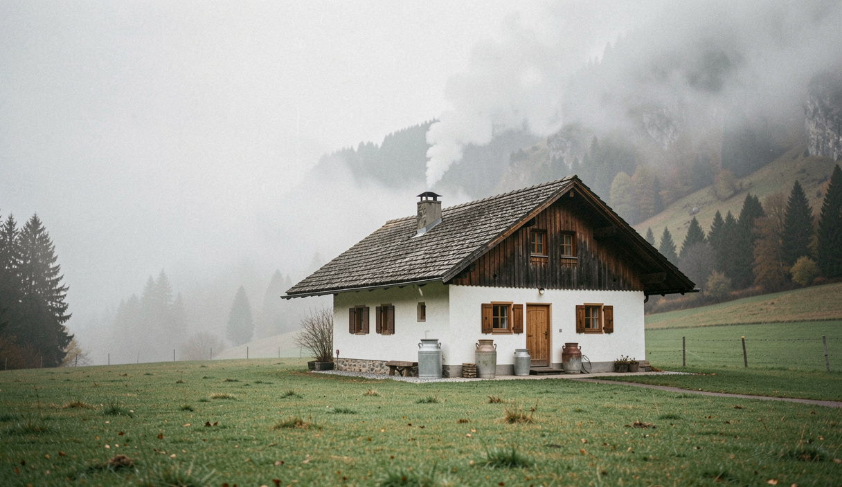 Alte Alphütte mit Steindach liegt im Morgennebel auf einer Weide, Rauch steigt aus dem Kamin, Milchkannen stehen vor der Tür, im Hintergrund lösen sich Nebelschwaden vom Hang, sehr breites Panoramaformat