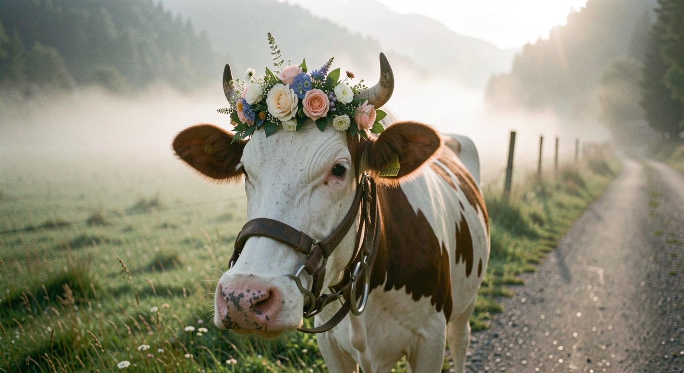 Kuh mit Blumenschmuck auf dem Kopf und schwerer Treichel am Hals wartet am Rand eines Weges vor dem Abzug ins Tal, Morgennebel über der Weide, weiches Gegenlicht