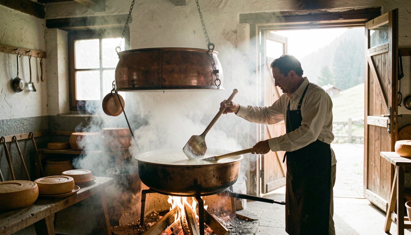 Grosser Kupferkessel hängt über einem offenen Holzfeuer in einer Alpkäserei, ein Senn rührt mit der Käseharfe durch die Milch, Rauch und Dampf im Gegenlicht der offenen Tür, sehr breite Aufnahme