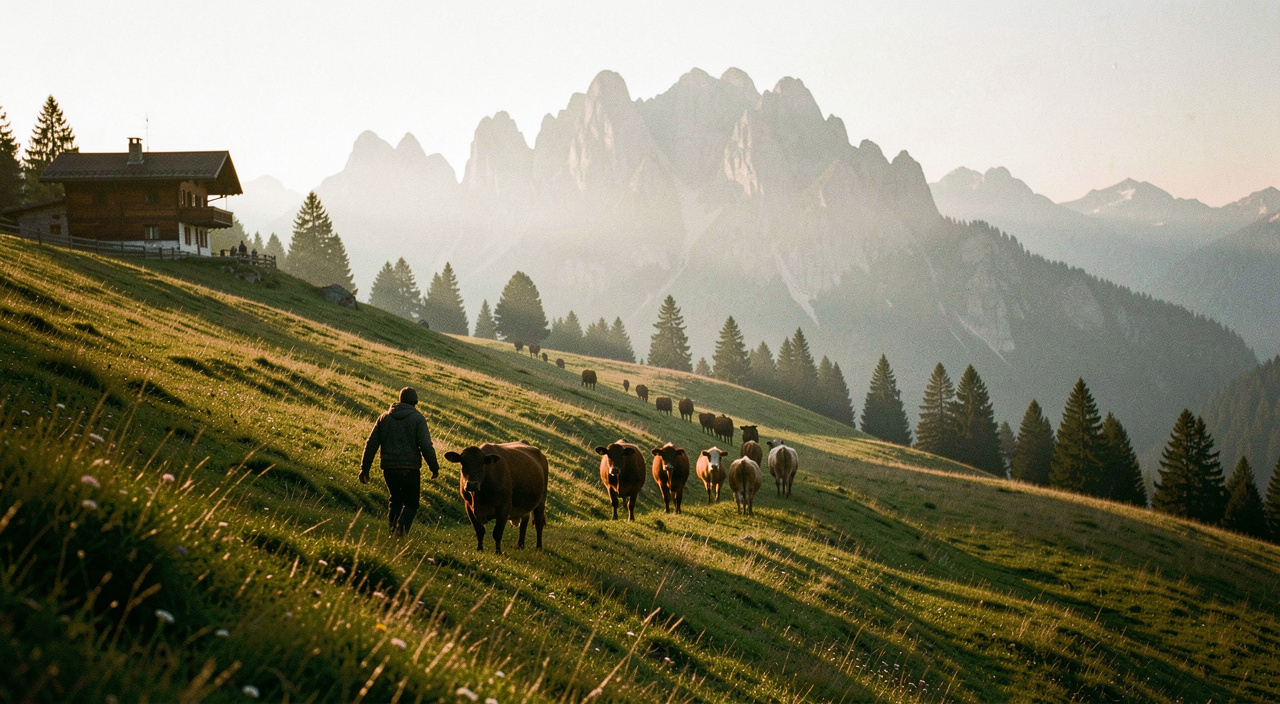 Hirt treibt am Abend eine kleine Herde über eine hochgelegene Weide zurück zur Alphütte, langer Schatten im goldenen Licht, hinten eine Felskette im Dunst, breite ruhige Aufnahme