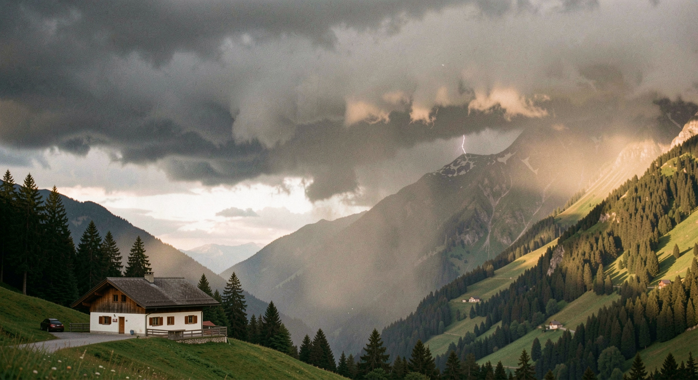 Aufziehende Gewitterfront über einem Hochtal mit Alphütte, erste Regenschleier hängen unter der dunklen Wolkenbasis, warmes Streiflicht auf der gegenüberliegenden Flanke am frühen Nachmittag