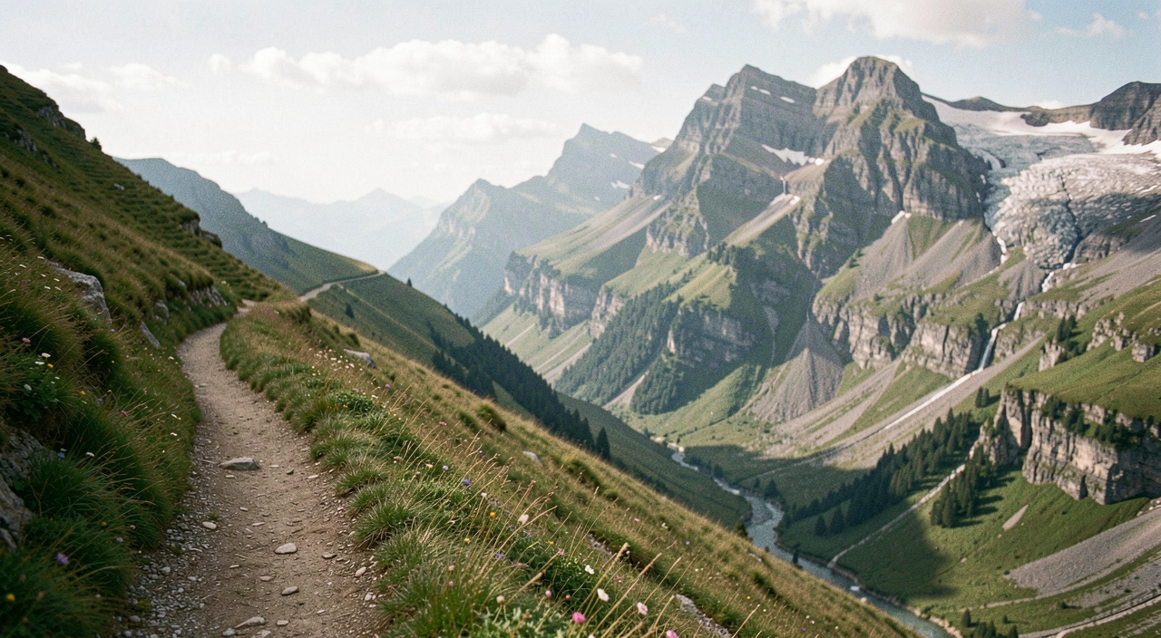 Schmaler Höhenweg quert eine steile Grashalde über einem tief eingeschnittenen Tal im Berner Oberland, gegenüber eine vergletscherte Nordwand, klare Fernsicht am späten Vormittag