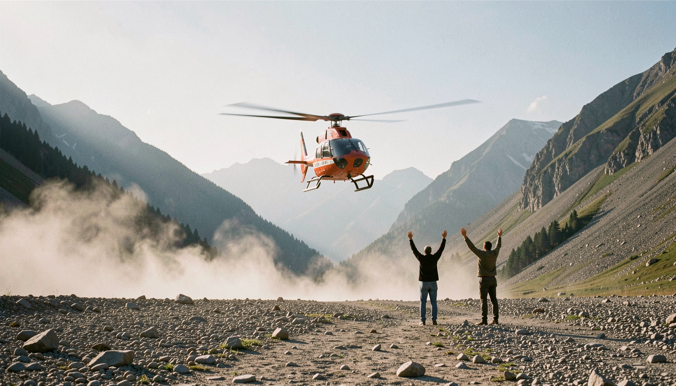 Rettungshelikopter schwebt über einer Geröllfläche in einem Hochtal, zwei Personen warten mit erhobenen Armen an einer freien Stelle, Staub wirbelt auf, klares Licht am späten Vormittag, sehr breite Aufnahme