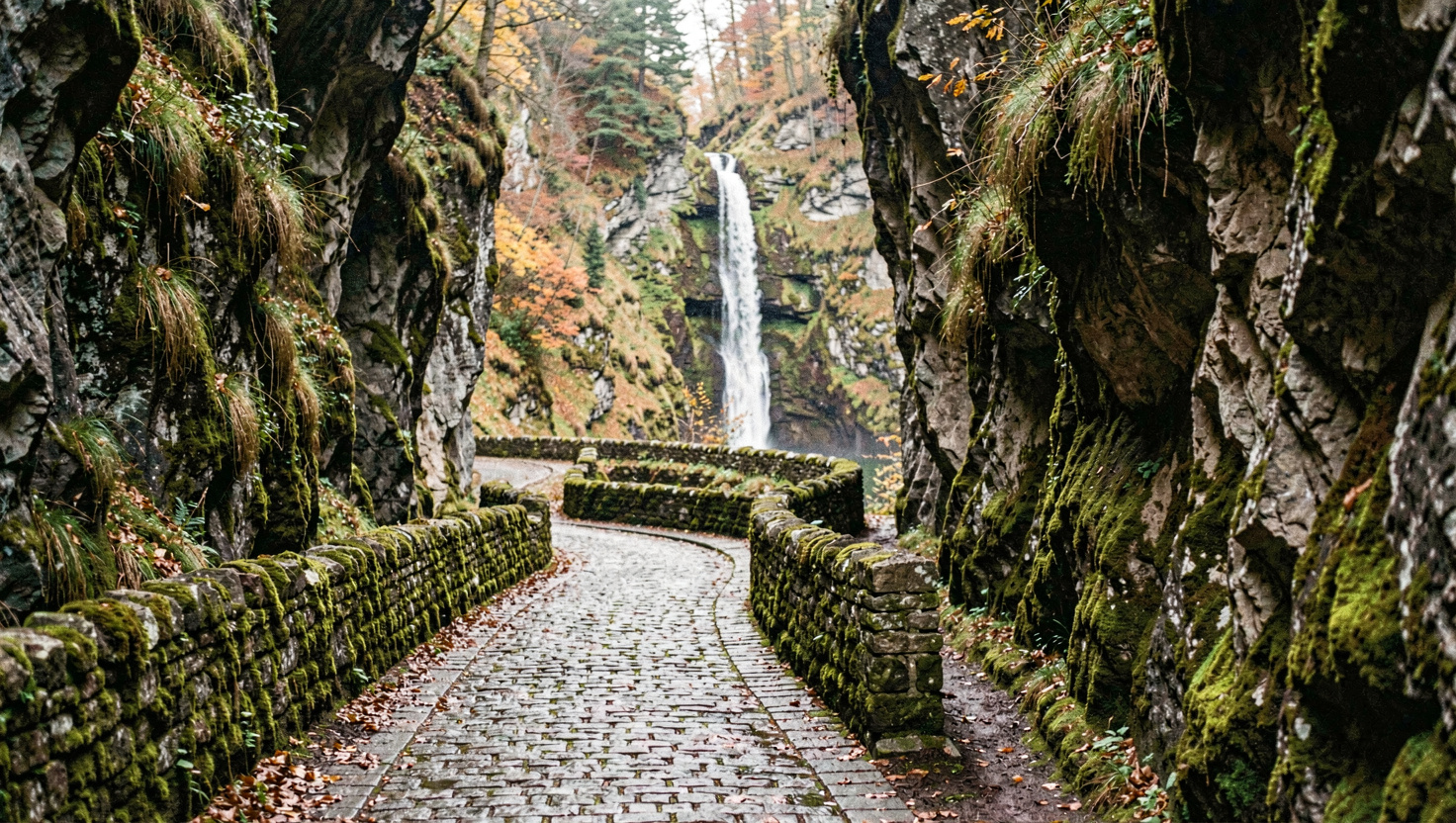 Alter gepflasterter Saumpfad führt in engen Kehren durch eine Felsschlucht, moosbewachsene Trockenmauern stützen den Weg, feuchtes Herbstlicht, Wasserfall im Hintergrund, sehr breite Aufnahme
