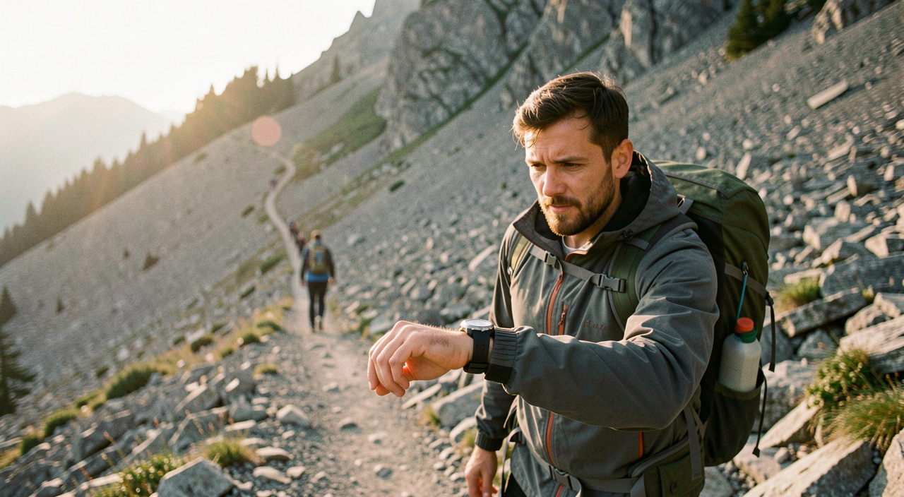 Wanderer schaut im Aufstieg auf die Uhr am Handgelenk, im Hintergrund der weiterführende Steig über eine Geröllflanke, tief stehende Morgensonne von links, breites Format