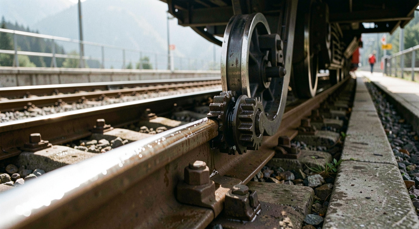 Detail einer Zahnstange zwischen den Schienen einer Bergbahn, das Zahnrad des Triebwagens greift sichtbar ein, geölter Stahl glänzt im kühlen Schattenlicht der Bergstation
