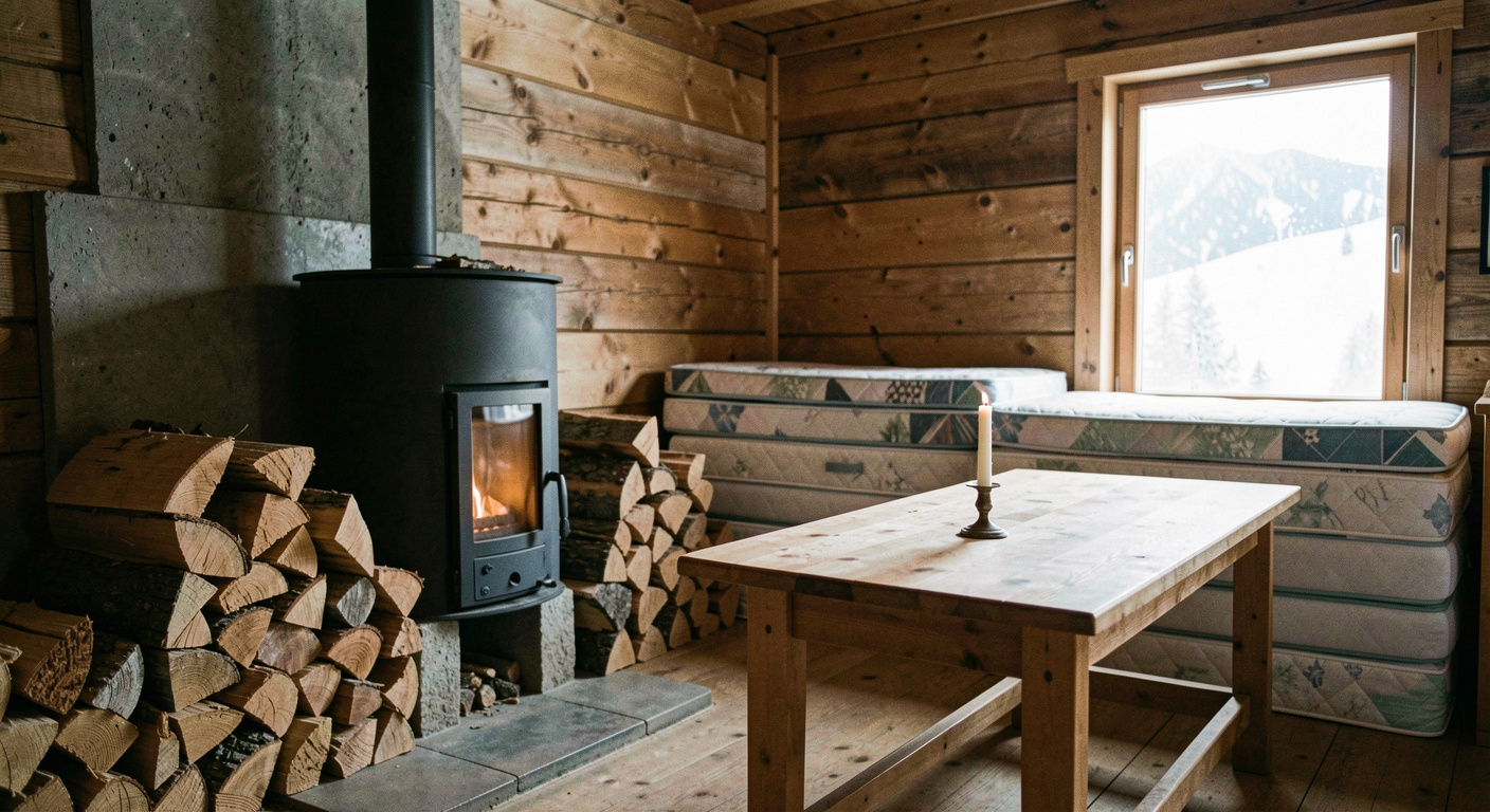 Schlichter Winterraum einer Berghütte mit kleinem Holzofen, gestapeltem Brennholz, Tisch mit Kerzenstummel und Matratzenlager im Hintergrund, kaltes Licht durch ein vereistes Fenster, breites Format