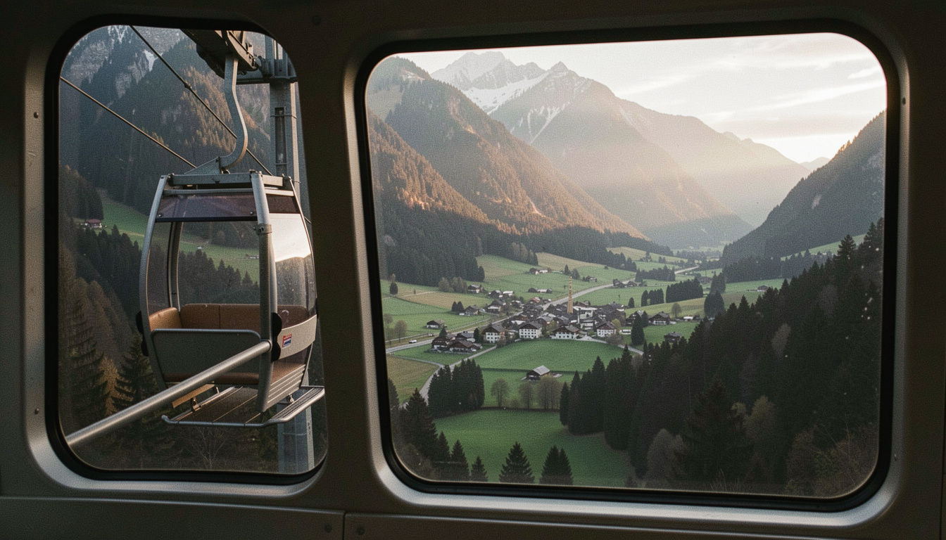 Halb leere Gondel fährt am frühen Abend ins Tal, langes Licht auf den Hängen, unten liegt das Dorf bereits im Schatten, Blick durch die Scheibe nach vorn, sehr breites Format