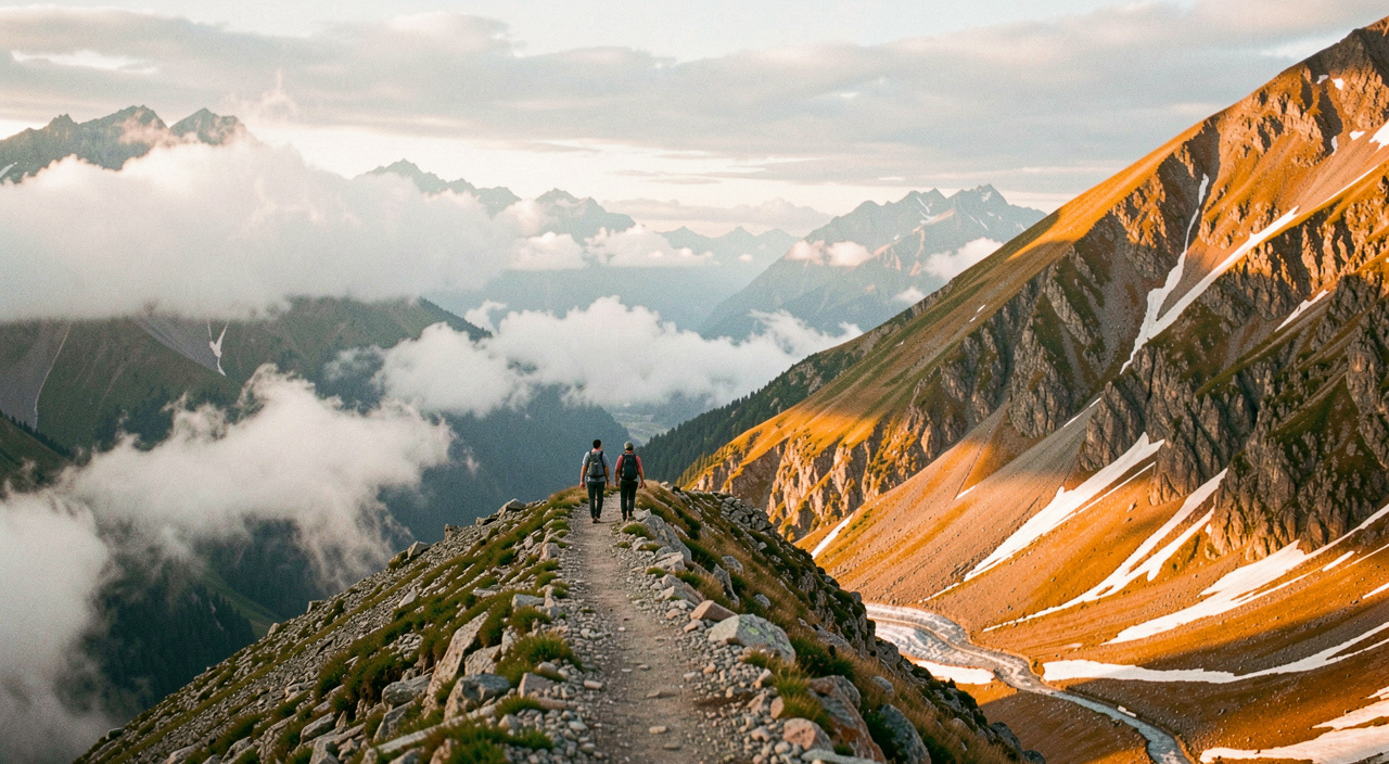Zwei Wandernde gehen im ersten Morgenlicht über einen schmalen Firngrat in den Berner Alpen, links fällt das Gelände in ein wolkengefülltes Tal ab, rechts leuchtet eine vergletscherte Flanke orange, extrem breite Panoramaaufnahme aus mittlerer Distanz