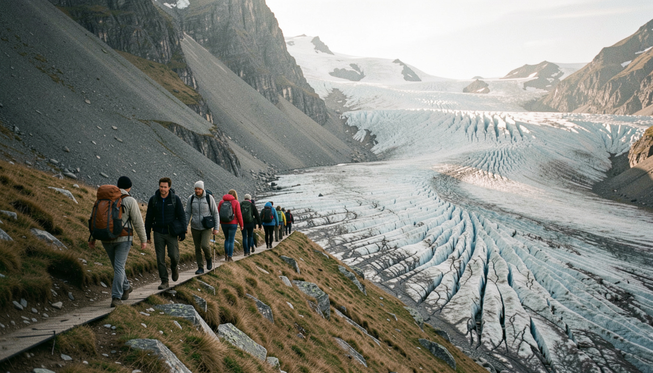 Wandergruppe quert vorsichtig eine steile Runse auf einem schmalen Band, gegenüber öffnet sich der Blick auf eine vergletscherte Wand, Morgenlicht streift die Grate, sehr breite Aufnahme