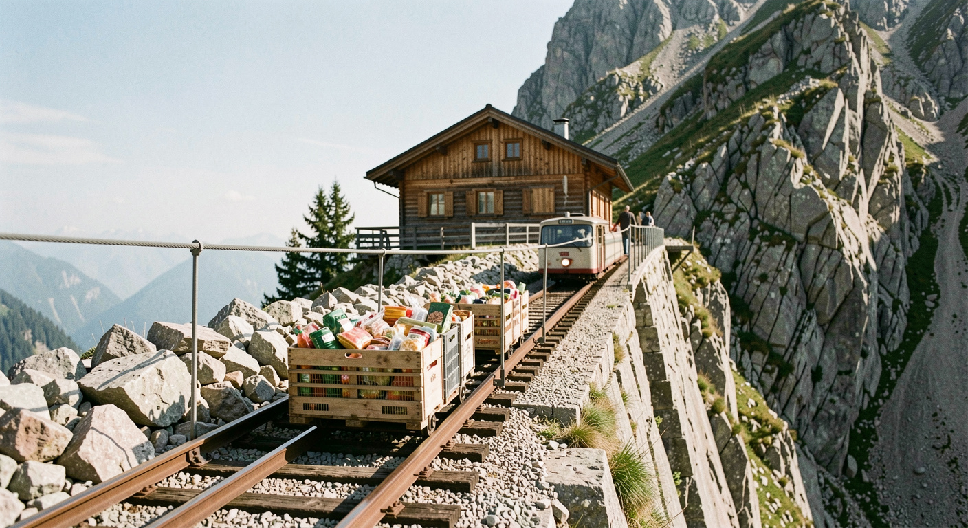 Kleine Materialseilbahn bringt Kisten mit Lebensmitteln zu einer Berghütte auf einem Felsband, Stahlseil spannt sich über eine Geröllflanke, klares Licht am Vormittag, sehr breite Aufnahme