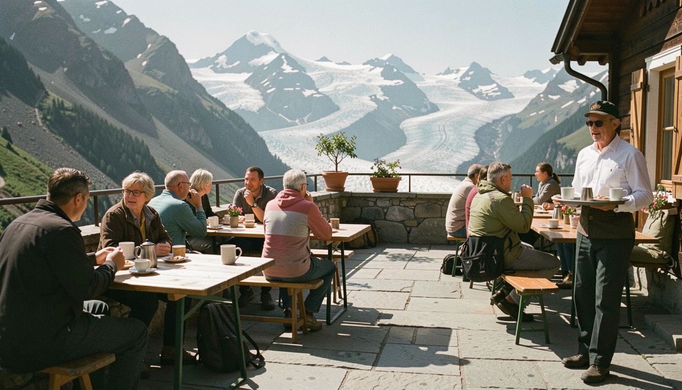 Hüttenwartin trägt am Nachmittag ein Tablett mit Tassen über eine sonnige Steinterrasse, an den Tischen sitzen Wandernde mit Blick auf eine Gletscherkette, langes Licht, sehr breites Format
