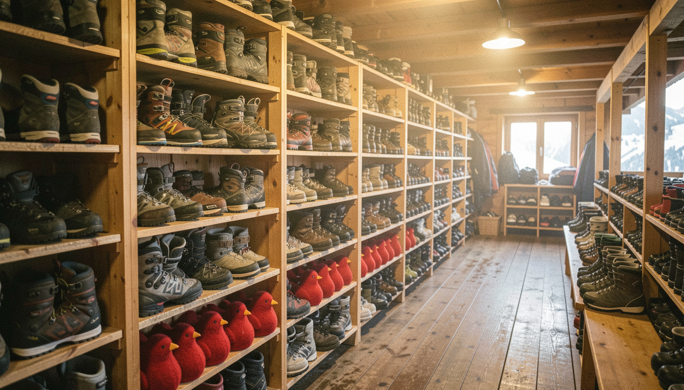 Schuhraum einer Berghütte mit Reihen von Bergschuhen auf Holzgestellen und Paaren roter Filzfinken darunter, warmes Deckenlicht, feuchte Luft, sehr breite Aufnahme entlang der Regalreihe