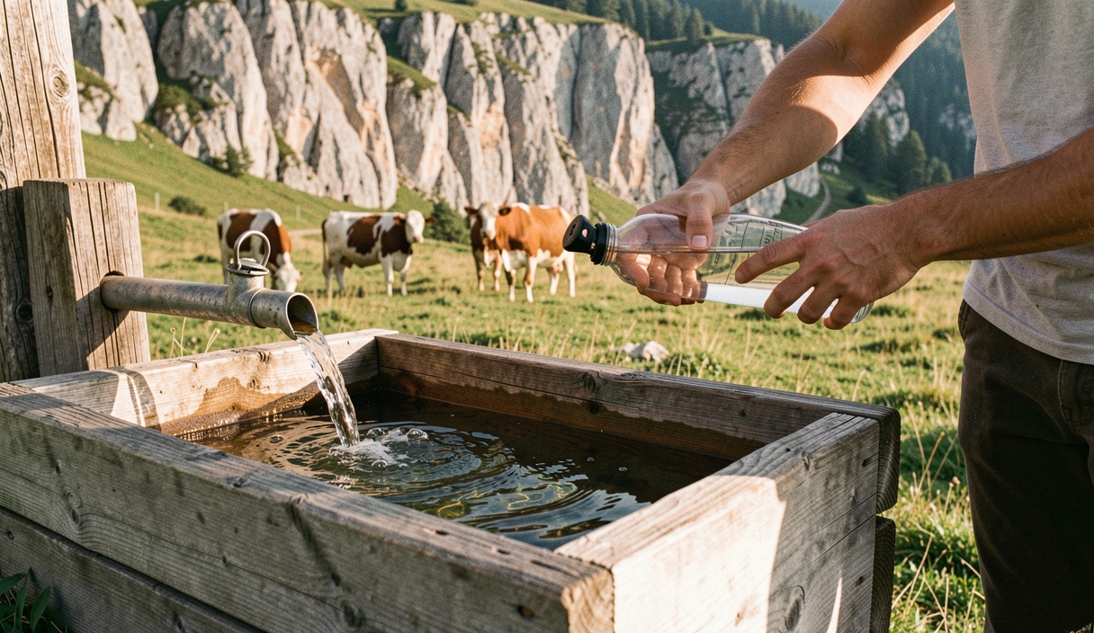 Hölzerner Brunnentrog auf einer Alpweide, klares Wasser läuft aus dem Rohr, jemand füllt eine Trinkflasche, dahinter grasen Kühe vor einer Felskette, warmes Mittagslicht, breites Format