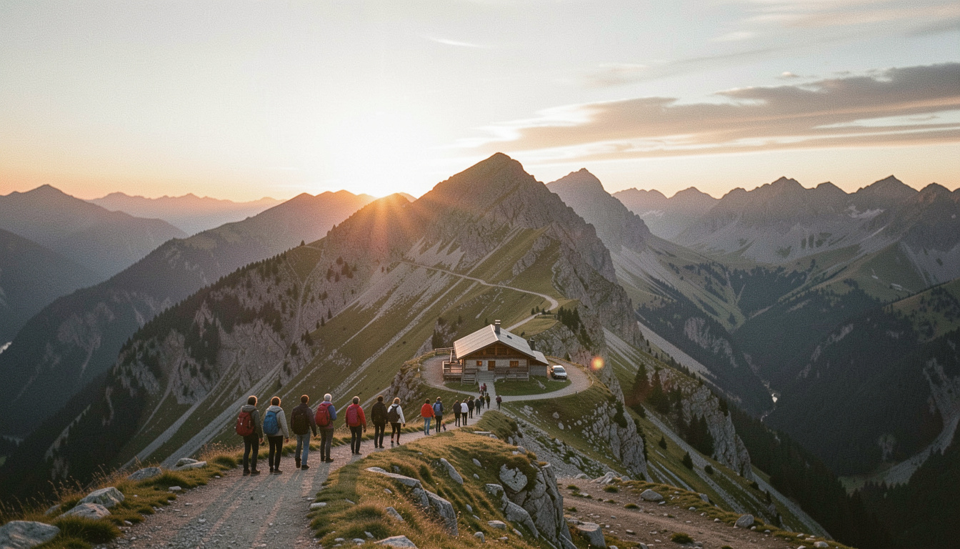 Wandergruppe erreicht am Abend eine Hütte auf einem Sattel, hinter ihnen zieht sich der Weg über den ganzen Rücken zurück, die Sonne steht flach über den Graten, sehr breite Panoramaaufnahme