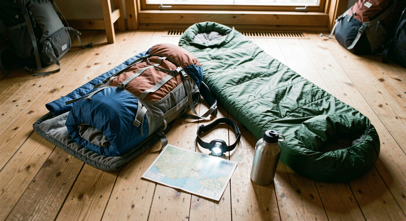 Auf einem Holzboden ausgelegte Ausrüstung für eine Hüttentour mit Rucksack, Hüttenschlafsack, Regenjacke, Stirnlampe, Karte und Trinkflasche, gleichmässiges Tageslicht von oben, sehr breite Aufnahme
