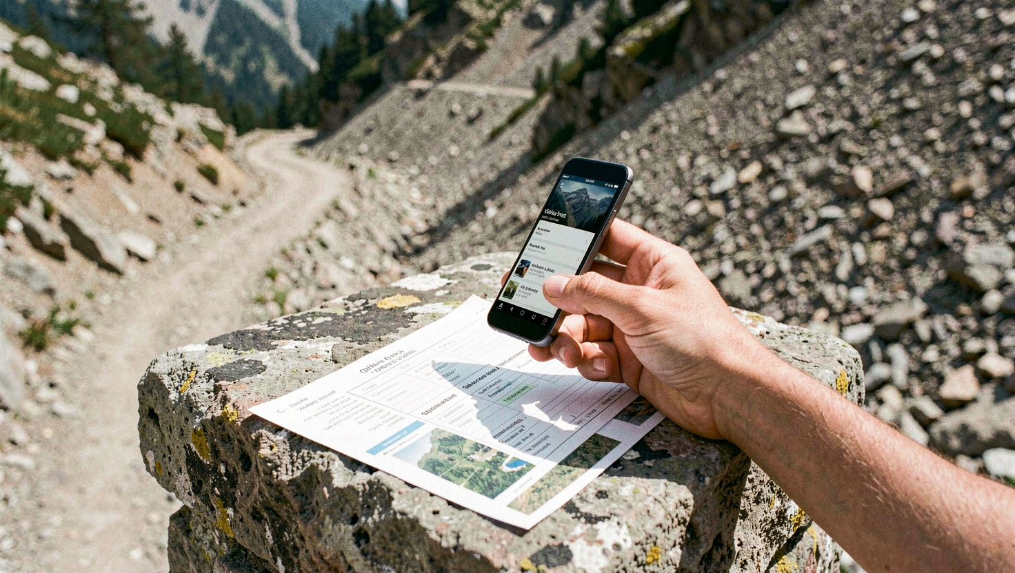 Hand hält ein Mobiltelefon mit geöffneter Kartenanwendung über eine ausgebreitete Papierkarte auf einem Felsblock, im Hintergrund ein Bergweg und eine Geröllflanke, klares Vormittagslicht, breites Format
