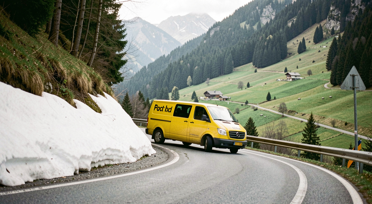 Gelbes Postauto nimmt eine enge Kehre auf einer Passstrasse, links Schneereste in der Böschung, rechts fällt der Blick in ein grünes Tal, Vormittagslicht, sehr breites Panoramaformat
