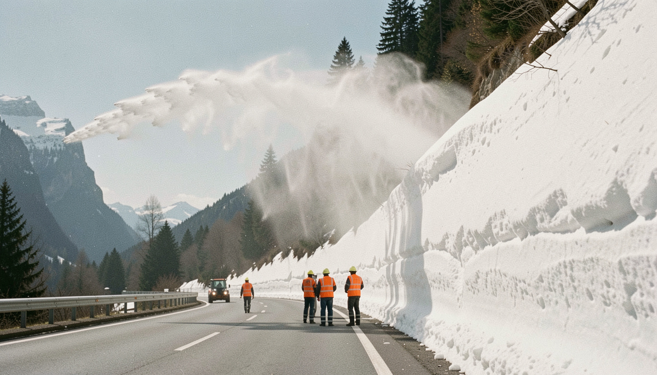 Grosse Schneeschleuder frisst sich in eine mehrere Meter hohe Schneewand auf einer Passstrasse und wirft einen weissen Bogen über die Böschung, Arbeiter in orangen Westen daneben, klares Frühlingslicht, sehr breite Aufnahme