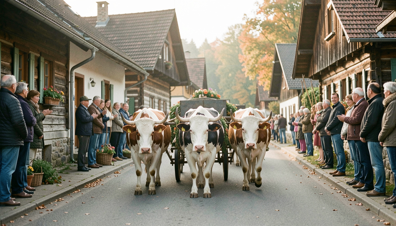 Geschmückte Kühe mit grossen Treicheln ziehen im September durch eine enge Dorfstrasse mit Holzhäusern, Zuschauer am Strassenrand, klares Herbstlicht am Vormittag, sehr breite Aufnahme in Augenhöhe