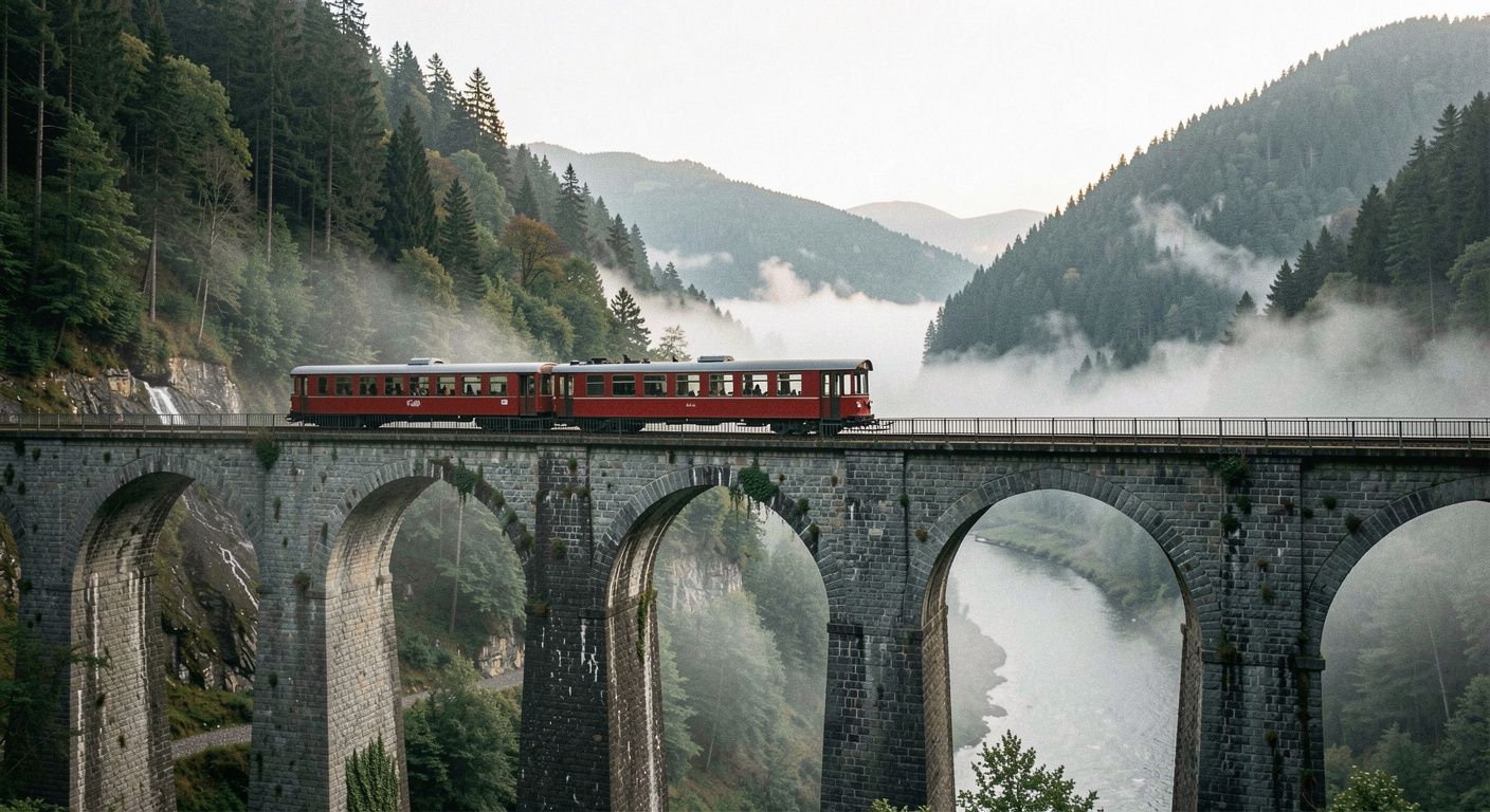 Rote Zahnradbahn auf einem gemauerten Steinviadukt an einem steilen bewaldeten Hang, Nebelschwaden ziehen durch das Tal darunter, kühles Licht am späten Vormittag, sehr breite Landschaftsaufnahme