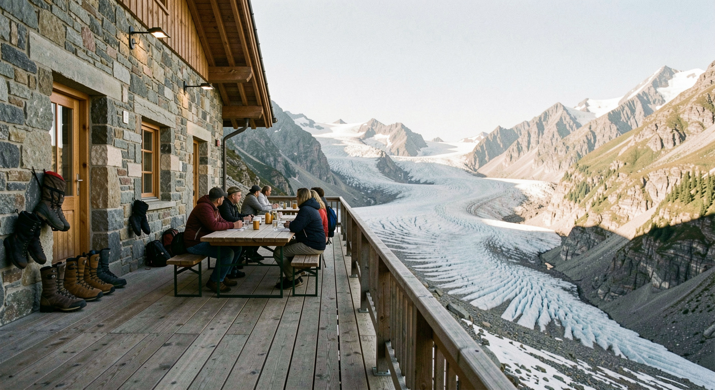 Steinerne Berghütte mit langer Holzterrasse über einem Gletscherbecken, an den Tischen sitzen Wandernde, Bergschuhe stehen an der Hauswand, klares Licht am späten Nachmittag, sehr breite Panoramaaufnahme