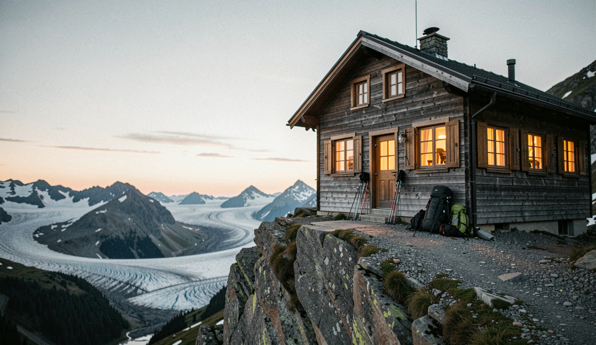 Steinerne Berghütte mit erleuchteten Fenstern auf einem Felssporn in der Abenddämmerung, vor der Tür stehen Wanderstöcke und Rucksäcke, im Hintergrund ein Gletscherbecken in Blaustunde, weites Panoramaformat