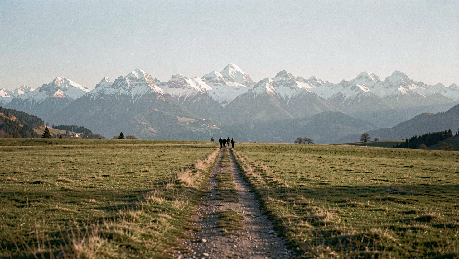 Ein schmales Wegband zieht sich über eine weite Grasterrasse hin zu einem Sattel, kleine Wandergruppe als Silhouette in der Mitte, dahinter eine Kette schneebedeckter Gipfel im klaren Licht des späten Vormittags, sehr breite Panoramaaufnahme