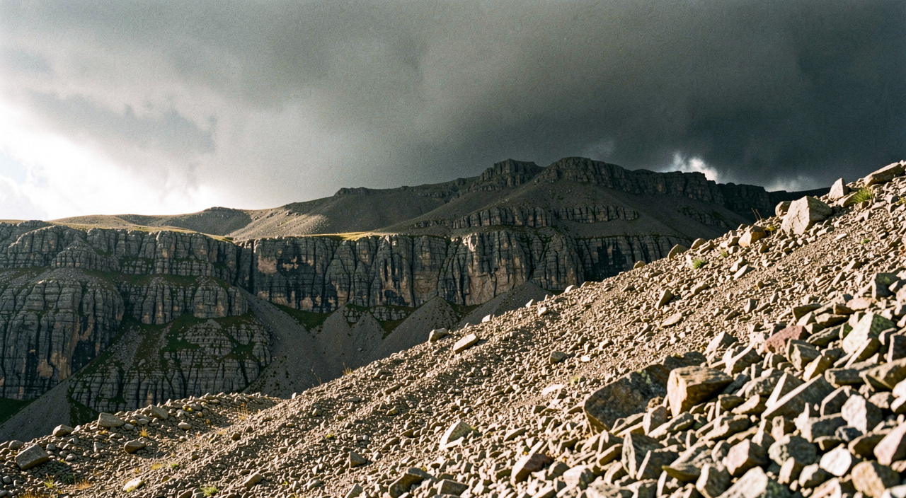 Dunkle Gewitterzelle baut sich am frühen Nachmittag über einem felsigen Grat auf, im Vordergrund eine sonnenbeschienene Geröllhalde, harter Kontrast zwischen Licht und Wolkenwand, breites Panoramaformat