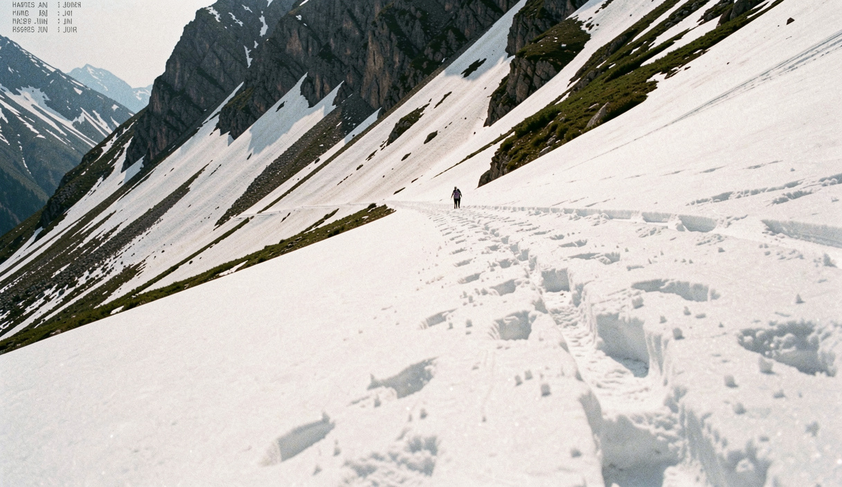 Hartes Altschneefeld liegt im Juni quer über einem Bergweg in einer steilen Runse, Fussspuren queren den Schnee, darunter fällt die Flanke steil ab, kaltes Vormittagslicht, breite Aufnahme