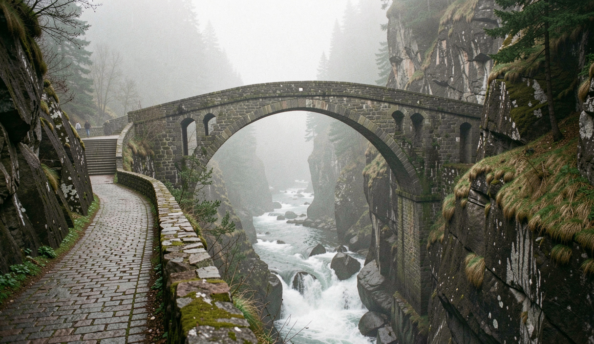 Alte einbogige Steinbrücke überspannt eine tief eingeschnittene Schlucht mit tosendem Wildbach, auf beiden Seiten führt ein schmaler gepflasterter Weg weiter, Nebel zwischen den Felswänden, breite Aufnahme