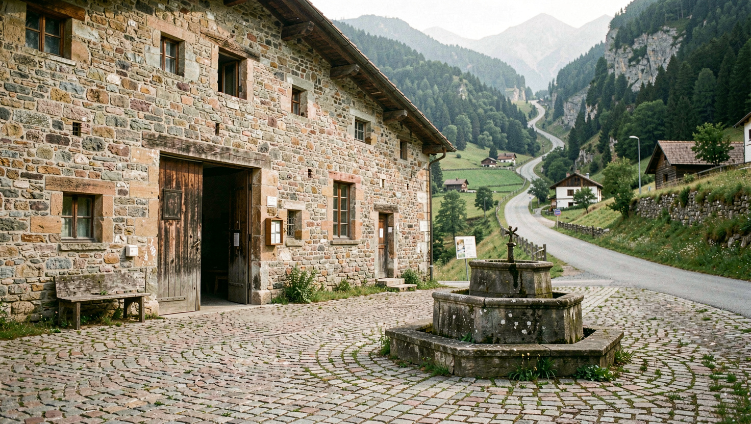 Grosses altes Lagerhaus aus Stein mit breitem Tor an einem Talort, davor Kopfsteinpflaster und ein Brunnen, im Hintergrund steigt die alte Strasse zum Pass an, weiches Nachmittagslicht, sehr breite Aufnahme
