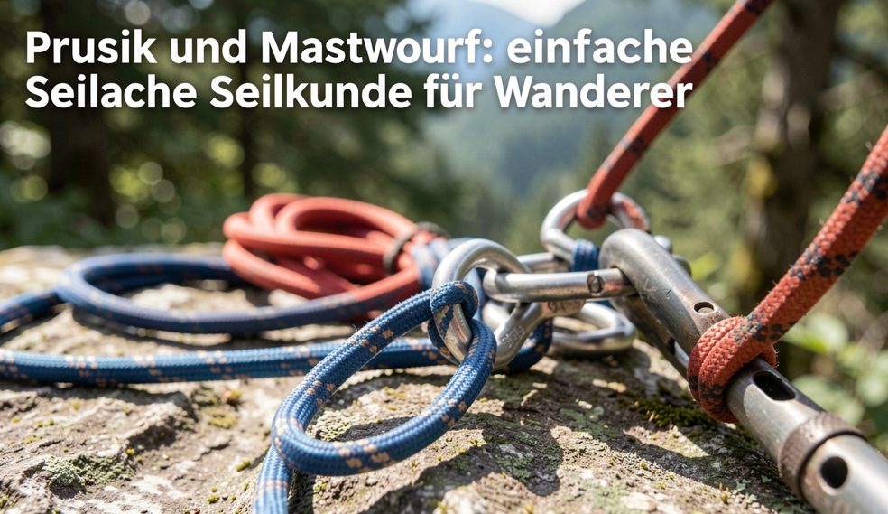 Kleiner Kocher und ein Seil auf einem Felsvorsprung am Morgen, eine Plane hält den Windschutz, erstes Licht streift den Stein, Nahaufnahme des Lagerplatzes