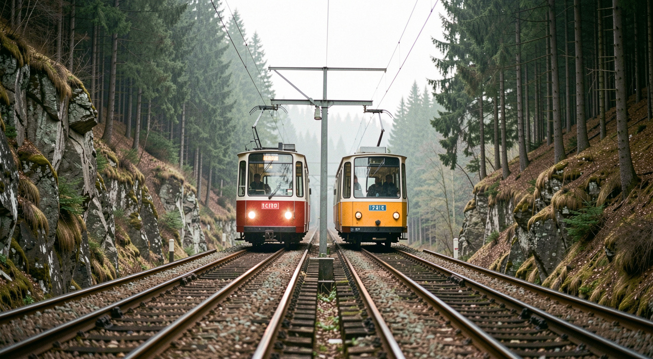 Zwei Standseilbahnwagen kreuzen sich auf der Ausweiche in der Streckenmitte, das Zugseil läuft über Rollen zwischen den Schienen, ringsum Wald und Felsen, diffuses Licht, sehr breite Aufnahme
