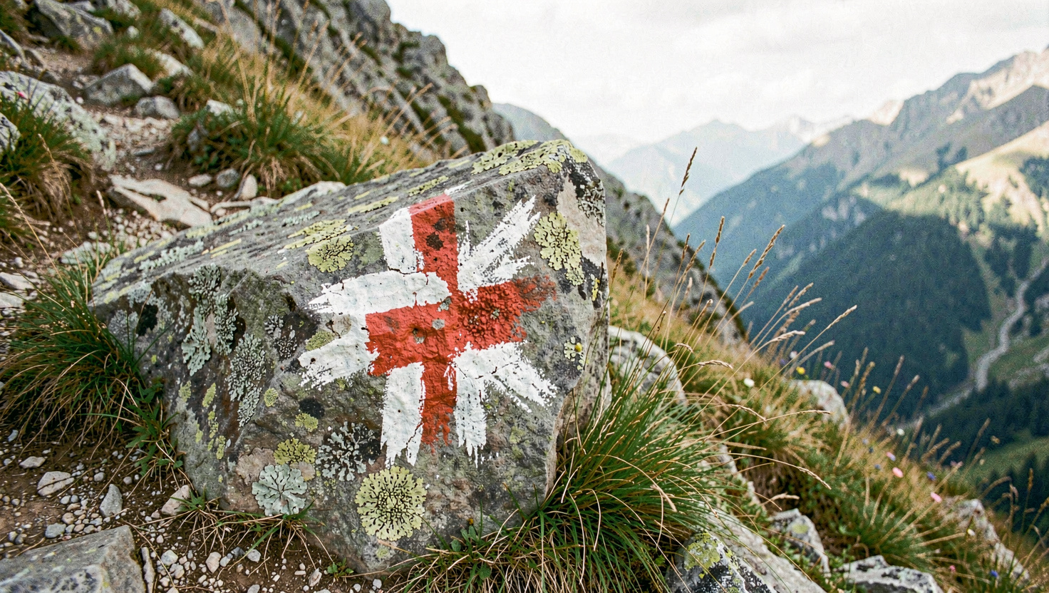 Frisch aufgemalte weiss rot weisse Markierung auf einem grauen Felsblock an einem Bergweg, daneben Flechten und ein Grasbüschel, seitliches Nachmittagslicht, breites Format mit Blick ins Tal rechts