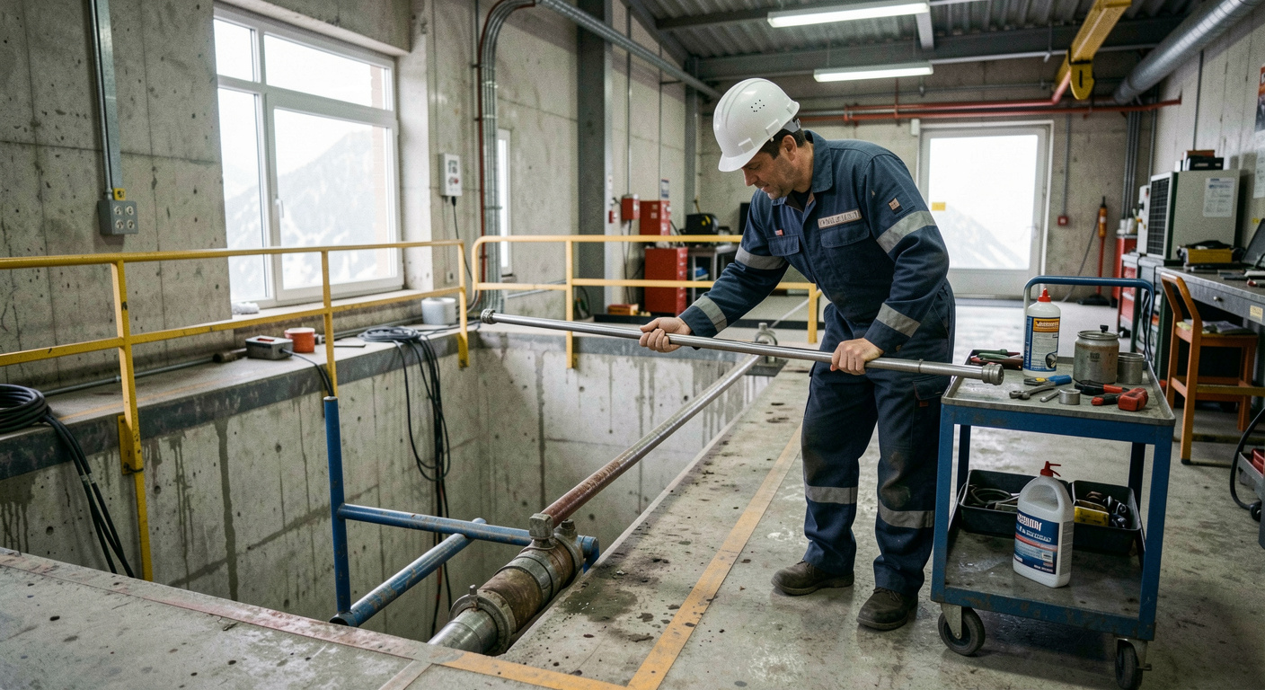 Techniker in Arbeitskleidung kontrolliert in einer Bergstation die Zahnstange über einer Montagegrube, Werkzeug und Schmierfett auf einem Rollwagen, kaltes Hallenlicht, sehr breite Aufnahme
