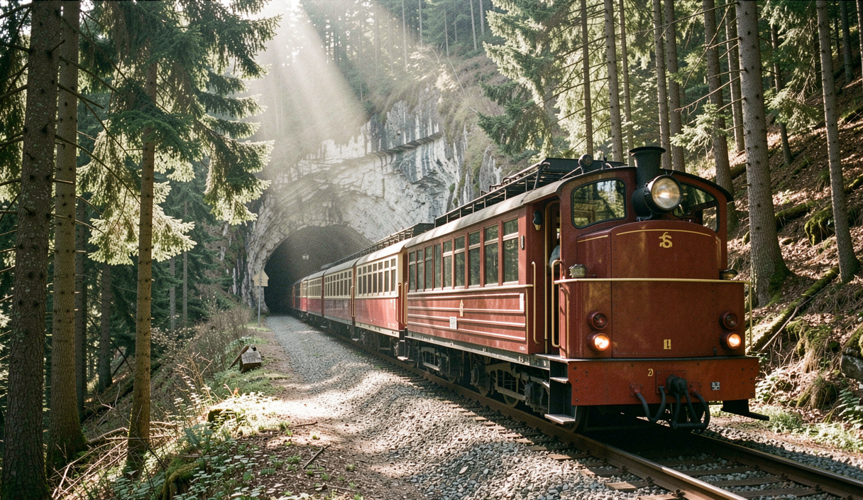 Roter Zahnradtriebwagen klettert eine sehr steile Waldschneise hinauf, das Gleis verschwindet oben in einer Felskurve, Sonnenstrahlen fallen schräg durch Fichten, breite Aufnahme von der Seite